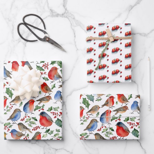 Feuille De Papier Cadeau Aquarelle de Noël Rouge Blanc Rétro (Recto)