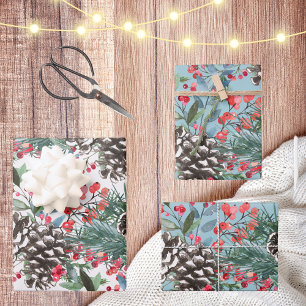 Feuille De Papier Cadeau Aquarelle de Noël rustique Pinecones & Berries