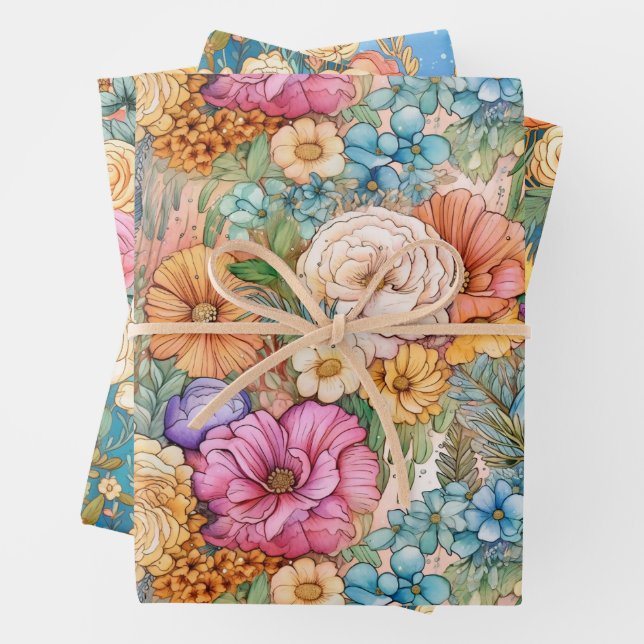 Feuille De Papier Cadeau Aquarelle de Rainbows et Florals mignons (En situation)
