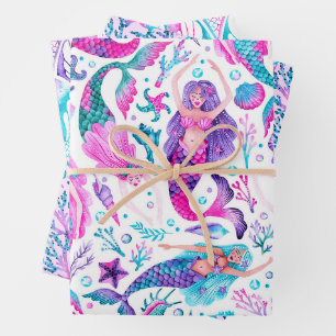 Feuille De Papier Cadeau Aquarelle de sirène, de corail et de sirène