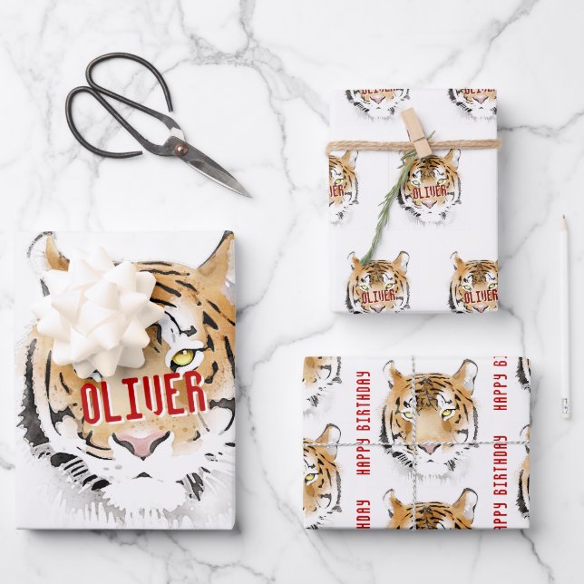Feuille De Papier Cadeau Aquarelle de tigre Animal Joyeux anniversaire (Recto)
