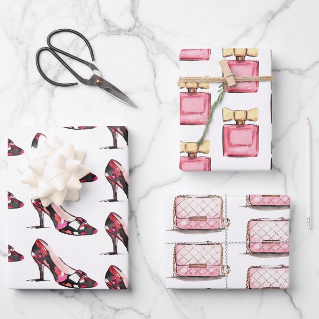 Feuille De Papier Cadeau Aquarelle Designer Chaussures Sac & Parfum (Recto)