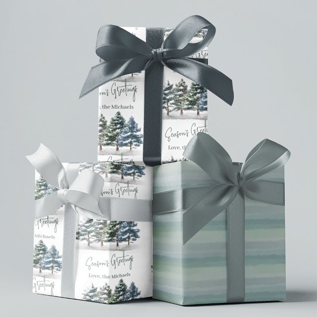 Feuille De Papier Cadeau Aquarelle d'hiver Pine Arbres sur mesure (Season's Greeting custom holiday wrapping paper,)