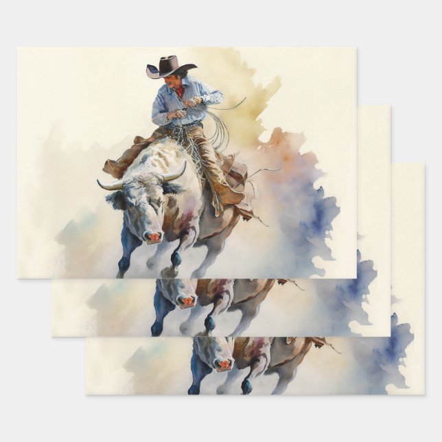 Feuille De Papier Cadeau Aquarelle Dusty Western "Rodeo Bull Rider" (Lot)