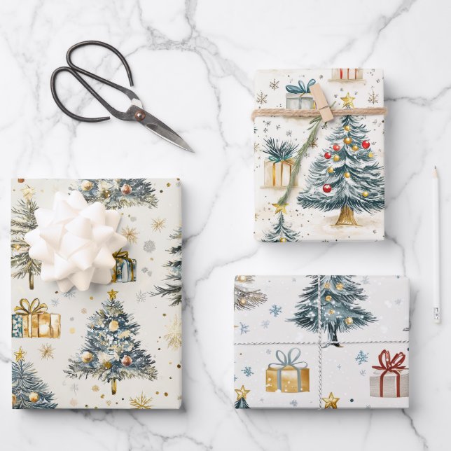 Feuille De Papier Cadeau Aquarelle élégante Arbres de Noël (Recto)