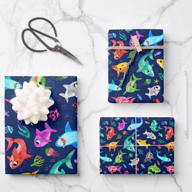 Feuille De Papier Cadeau Aquarelle Famille de requins Adorable Océan (Recto)