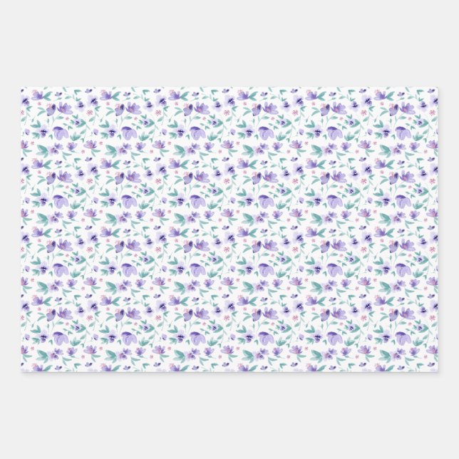 Feuille De Papier Cadeau Aquarelle feminine Purple Ditsy Motif Floral (Devant)