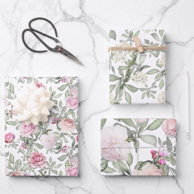 Feuille De Papier Cadeau Aquarelle féminine rose Roses Floral (Recto)