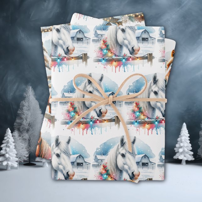 Feuille De Papier Cadeau Aquarelle Festive Chevaux Noël (Créateur téléchargé)