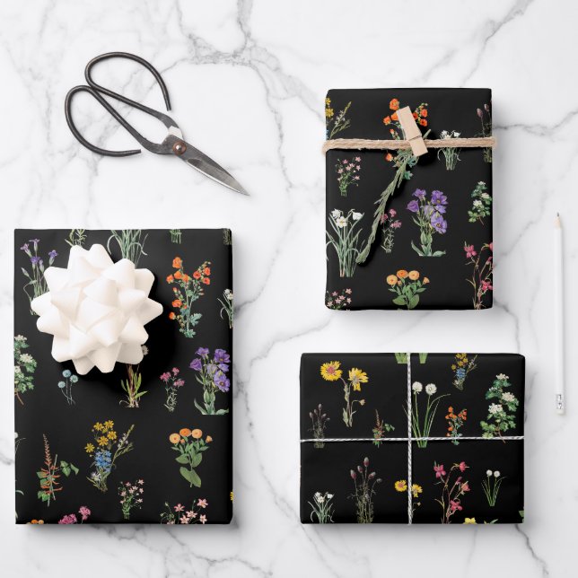 Feuille De Papier Cadeau Aquarelle fleur sauvage Floral botanique noir (Recto)