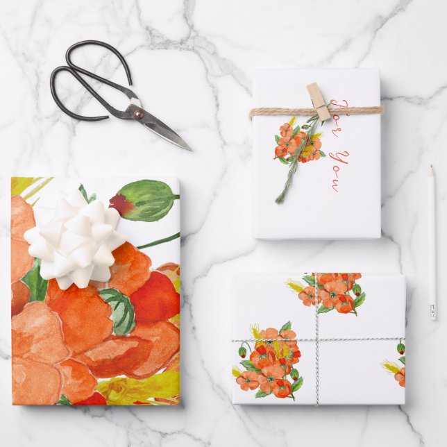 Feuille De Papier Cadeau Aquarelle fleurs de coquelicot mignonnes (Recto)