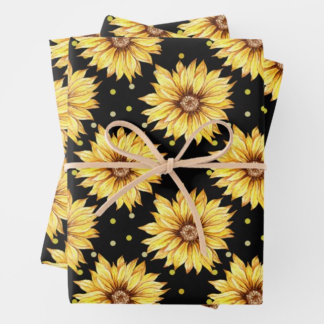 Feuille De Papier Cadeau Aquarelle Fleurs de soleil jaunes Floral Noir (En situation)