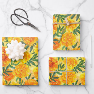 Feuille De Papier Cadeau Aquarelle Fleurs de type Marigold jaune et orange