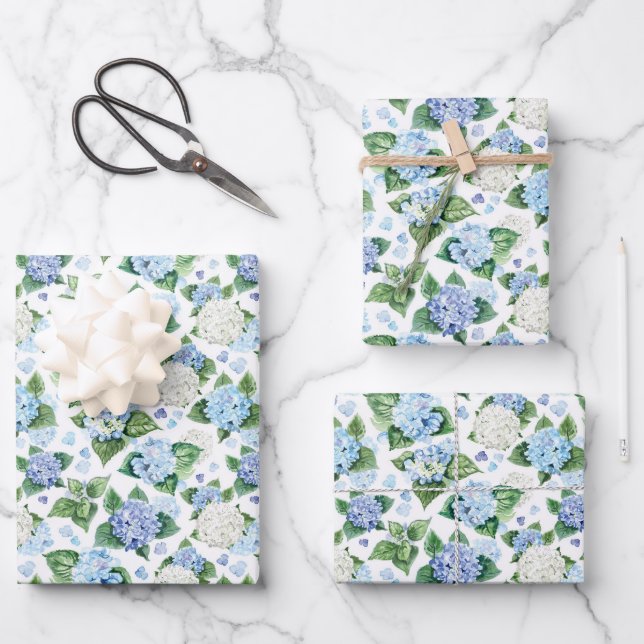 Feuille De Papier Cadeau Aquarelle Fleurs d'Hydrangée Envelopper les feuill (Recto)