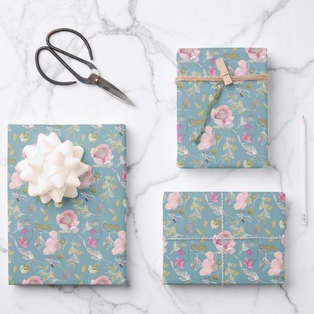 Feuille De Papier Cadeau Aquarelle Fleurs roses (Recto)