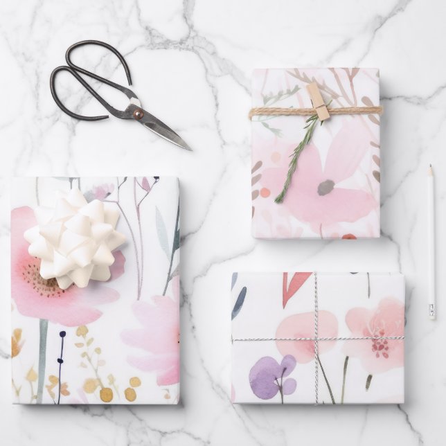 Feuille De Papier Cadeau Aquarelle Fleurs roses (Recto)