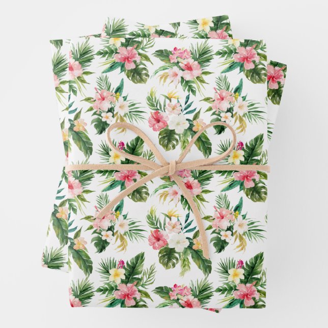 Feuille De Papier Cadeau Aquarelle Fleurs tropicales et Motif de verdure (En situation)