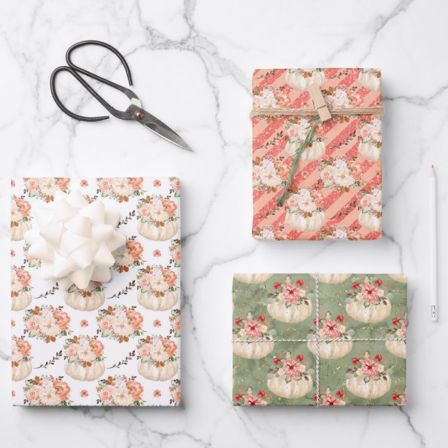 Feuille De Papier Cadeau Aquarelle Floral Citrouille Baby shower d'annivers (Recto)