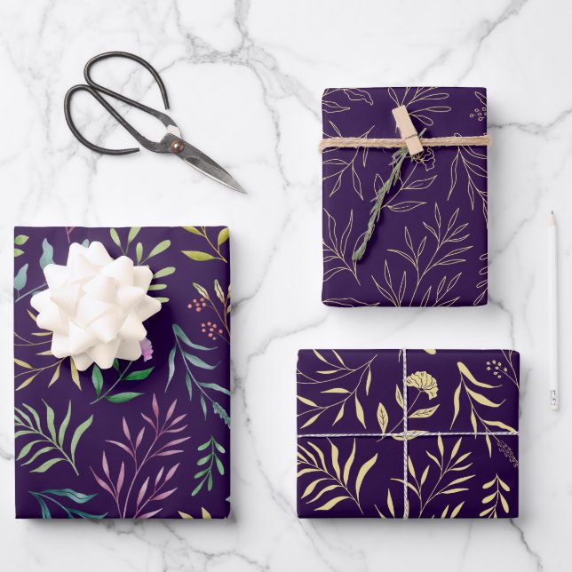 Feuille De Papier Cadeau Aquarelle Floral Line Art Purple (Recto)