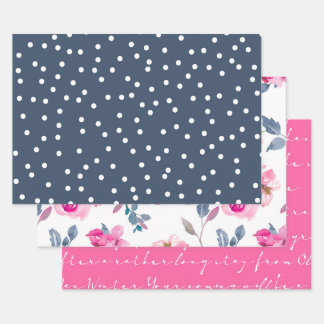 Feuille De Papier Cadeau Aquarelle Floral rose et Motif bleu