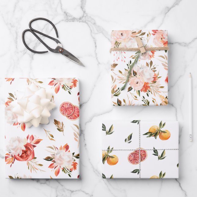 Feuille De Papier Cadeau Aquarelle florale d'agrumes rustique Pack trois (Recto)