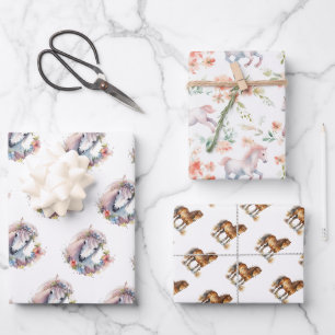Feuille De Papier Cadeau Aquarelle florale mignonne de cheval blanc