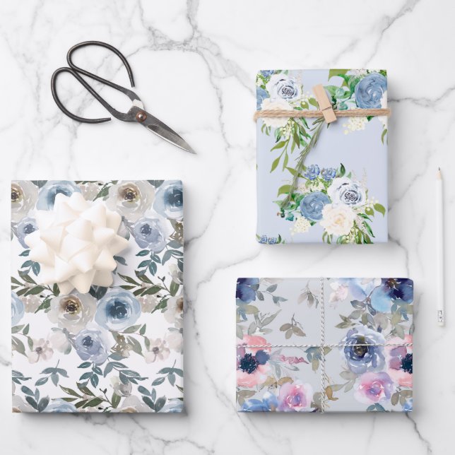 Feuille De Papier Cadeau Aquarelle Florale Motif Dusty Blue (Recto)