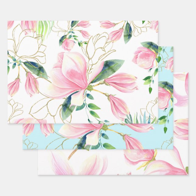 Feuille De Papier Cadeau Aquarelle florale rose et doré Magnolia (Lot)