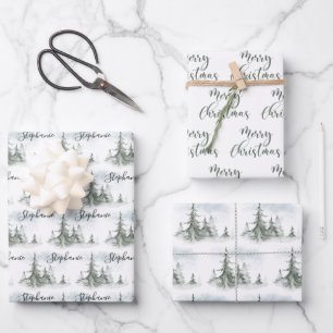 Feuille De Papier Cadeau Aquarelle Forêt de sapins rustiques hiver