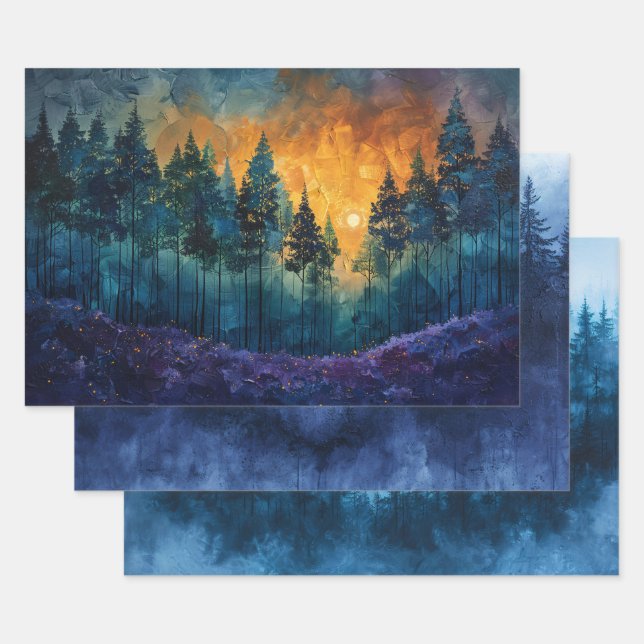 Feuille De Papier Cadeau Aquarelle Forêt Pins feuillus Découpage (Lot)