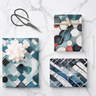 Feuille De Papier Cadeau Aquarelle Formes Diamants Cercles Rectangles Bleu