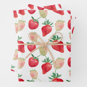 Feuille De Papier Cadeau Aquarelle Fraises rouge et rose