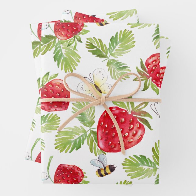 Feuille De Papier Cadeau Aquarelle Fruit fraise, abeilles et papillons (En situation)