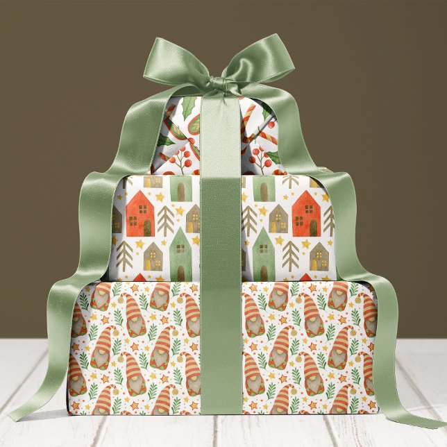 Feuille De Papier Cadeau Aquarelle Gnomes Maisons Et Sucres de canne Noël (Créateur téléchargé)