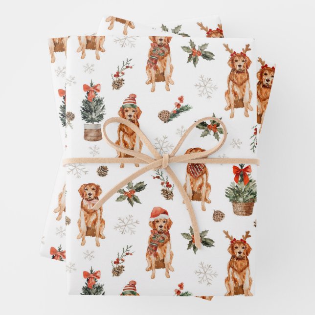Feuille De Papier Cadeau Aquarelle Golden Retriever Chiens de Noël (En situation)
