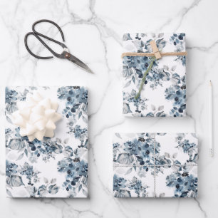 Feuille De Papier Cadeau Aquarelle Gris et Bleu Floral Modèle vacances