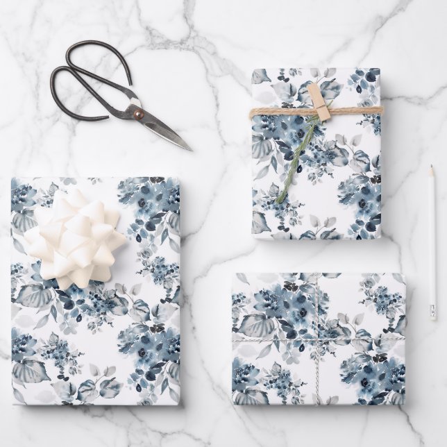 Feuille De Papier Cadeau Aquarelle Gris et Bleu Floral Modèle vacances (Recto)