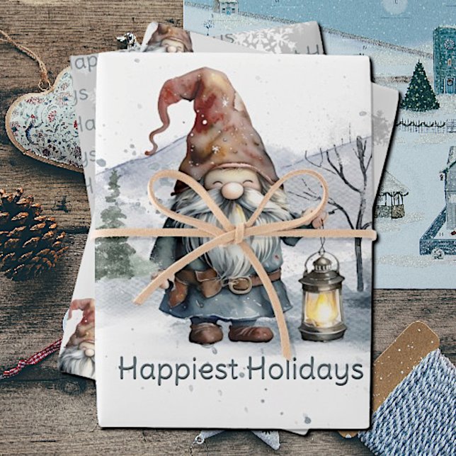 Feuille De Papier Cadeau Aquarelle hiver Gnome de Noël (Watercolor Winter Christmas Gnome Wrapping Paper Sheets)