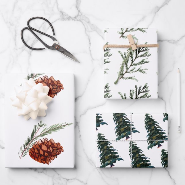 Feuille De Papier Cadeau Aquarelle Hiver Noël Arbre Pine Branche Cônes (Recto)