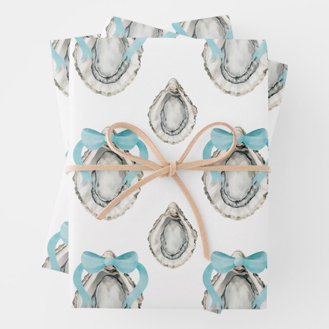Feuille De Papier Cadeau Aquarelle Huîtres côtières Bow bleu (En situation)