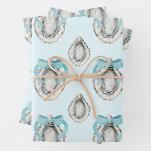 Feuille De Papier Cadeau Aquarelle Huîtres côtières Bow bleu