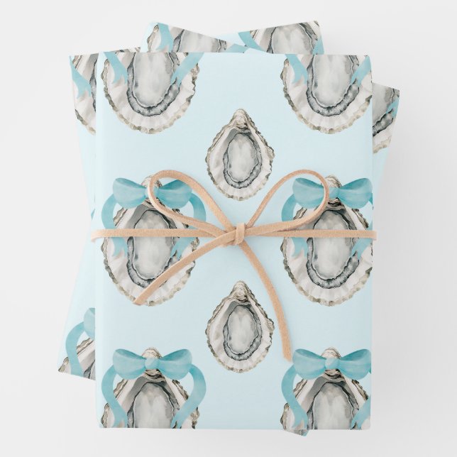 Feuille De Papier Cadeau Aquarelle Huîtres côtières Bow bleu (En situation)
