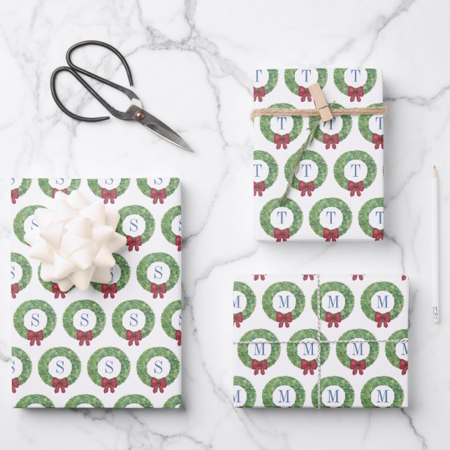 Feuille De Papier Cadeau Aquarelle intelligente Courbe de Noël Monogramme d (Recto)