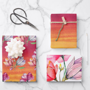 Feuille De Papier Cadeau aquarelle jaune orange rose et fleurs