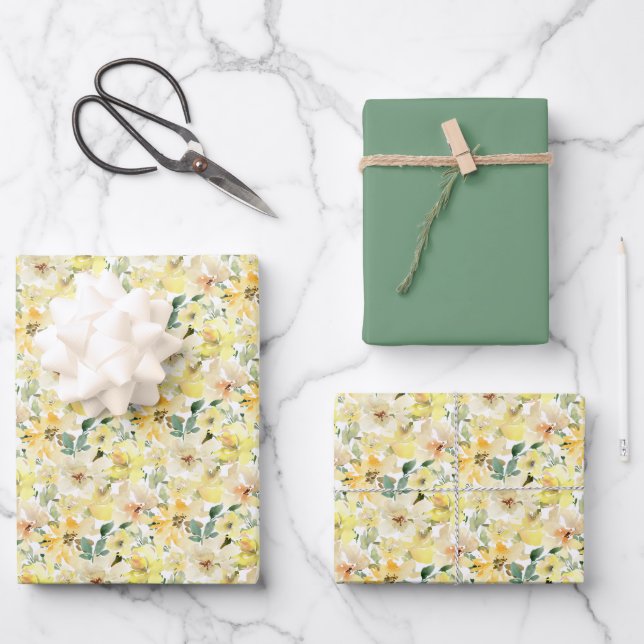 Feuille De Papier Cadeau Aquarelle jaune soleil Botanique (Recto)