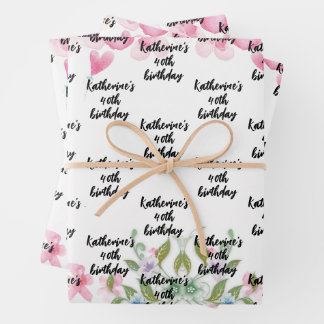 Feuille De Papier Cadeau Aquarelle, joli nom de script floral d'anniversair