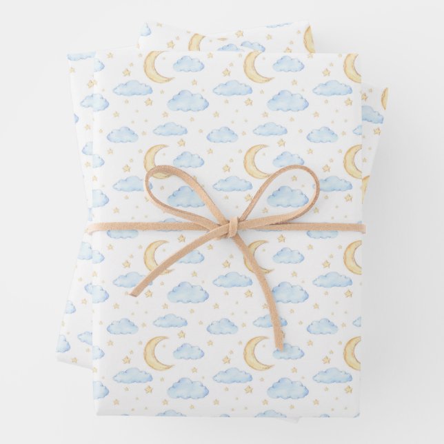 Feuille De Papier Cadeau Aquarelle Lune étoiles et nuages Motif (En situation)