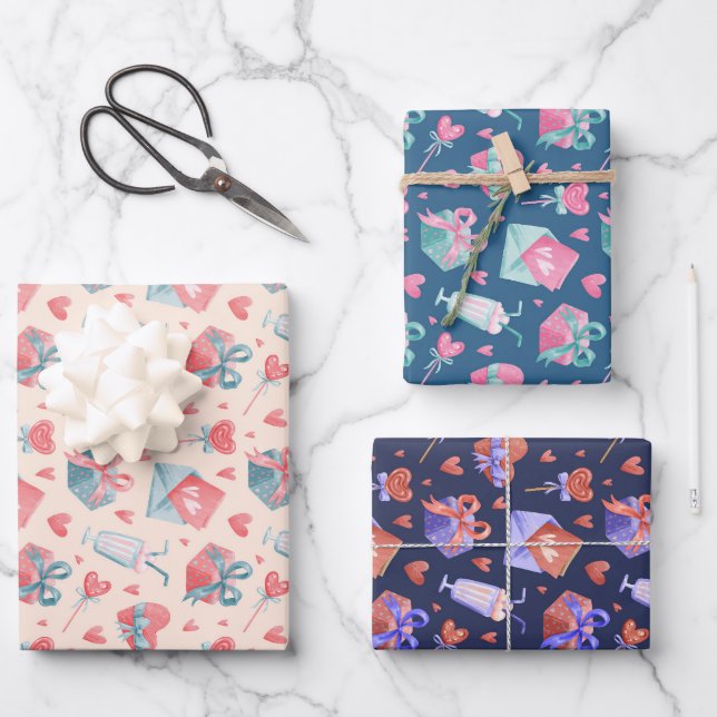 Feuille De Papier Cadeau Aquarelle mignonne Amour du coeur Motif Saint Vale (Recto)