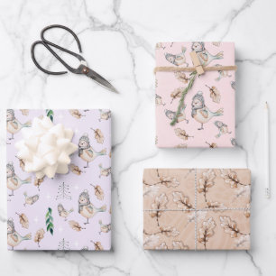 Feuille De Papier Cadeau Aquarelle mignonne de Bruant de neige peinte à la 