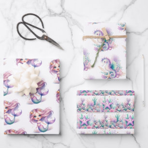 Feuille De Papier Cadeau Aquarelle mignonne mauve et turquoise sirène